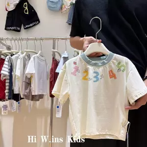 Trẻ em vừa và nhỏ (90-140) Mùa hè Phong cách mới Phong cách Hàn Quốc Màu sắc In kỹ thuật số Áo thun màu tương phản thông thường