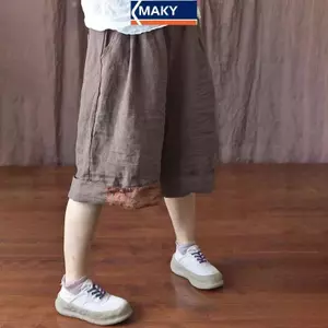 MAKY Nữ Retro Phong Cách Dân Tộc Miếng Dán Oversize Vải Lanh Cotton Quần Ngắn Mùa Hè Thường Ngày Cao Cấp Quần Short Đi Biển VN