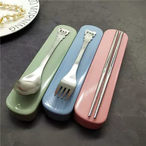 Bộ đồ ăn di động bằng thép không gỉ 304 Bộ ba mảnh cho trẻ em Thìa Nĩa Đũa Hộp sinh viên Hàn Quốc Bộ đũa thìa dễ thương 6.24