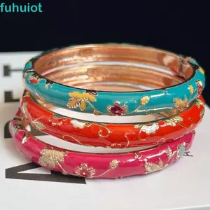 FUHUIOT Vòng tay Cloisonne Trung Quốc, Vòng tay đôi tráng men hoa mẫu đơn, Vòng tay nữ truyền thống dân tộc Bohemian Quà tặng trang sức
