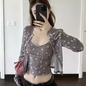 Áo Cardigan mỏng chấm bi thiết kế Jacquard + Bộ hai mảnh có dây đeo mùa hè Slimer Look Thời trang phù hợp