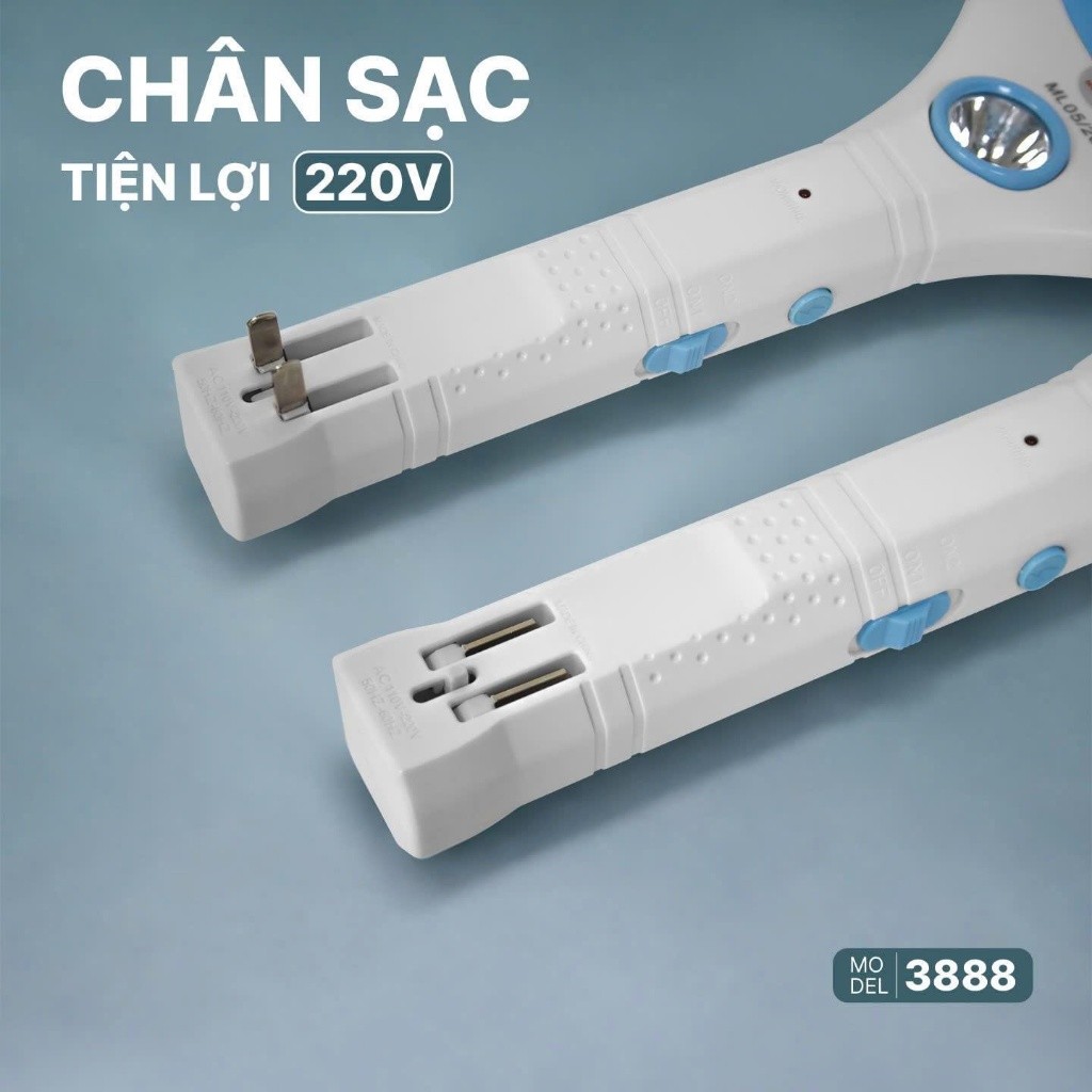 Vợt muỗi điện 3888 pin lithium 500mAh, vợt bắt muỗi tích hợp đèn led COB sáng và chân sạc gấp gọn