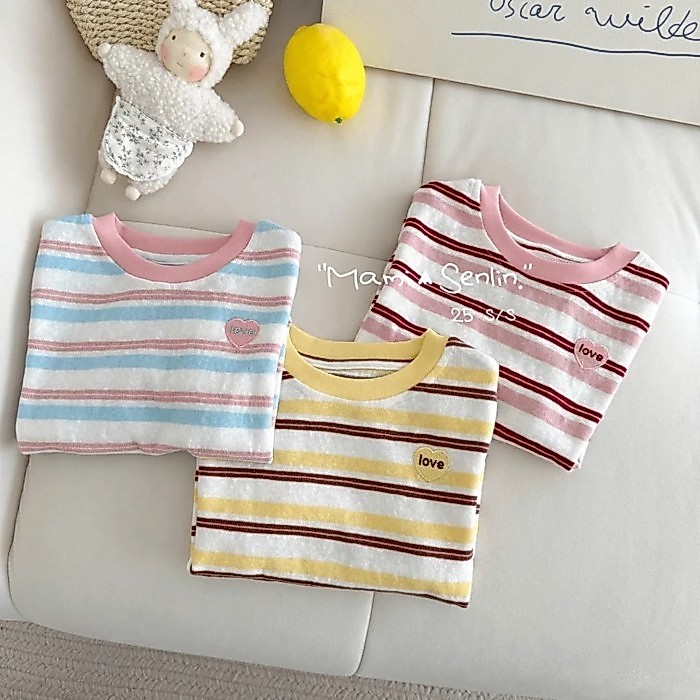 Áo thun ngắn tay bé gái mới, cotton Hàn Quốc thêu sọc, áo trẻ em sọc màu