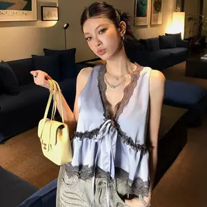Mùa hè Pháp Gợi Cảm Ren Giả Acetate Cổ Chữ V Bao Bụng Áo Vest Nữ