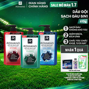 Dầu gội nam sạch gàu 5in1 Romano hương nước hoa Classic/ Force/ Attitude 610g