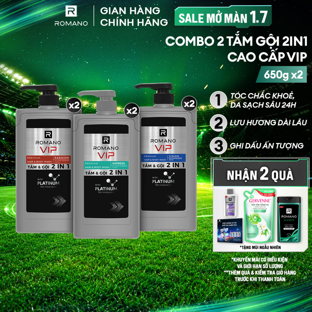 Combo 2 Tắm gội cho nam 2 trong 1 Romano 2in1 VIP Passion / Vision / Impress ( 650g x 2 ) + Tặng kèm Sữa rửa mặt 100g