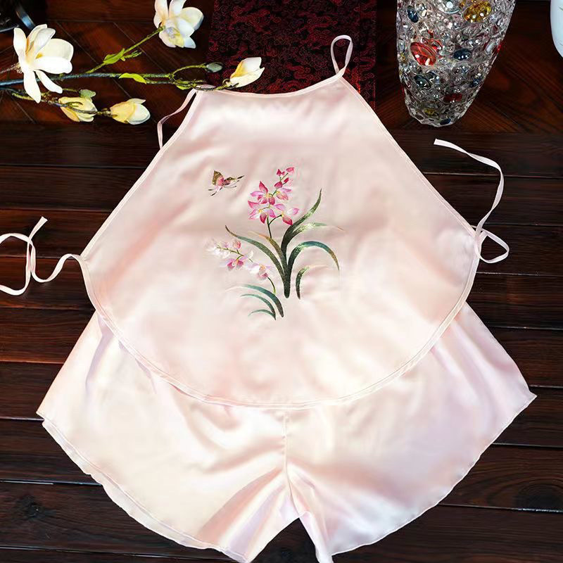 Size Lớn 100kg Bộ Đồ Ngủ Thêu Nữ Mỏng Camisole Quần Short Phù Hợp Với Loungewear Thêu Bellyband Nữ