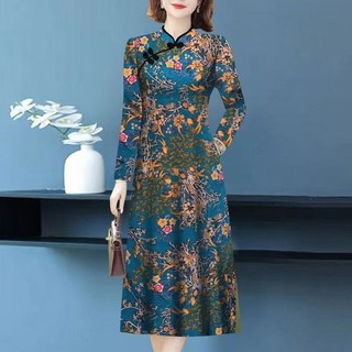 In hình size lớn áo sườn xám trung niên, chất liệu bao da thịt dài tay, phù hợp thu đông