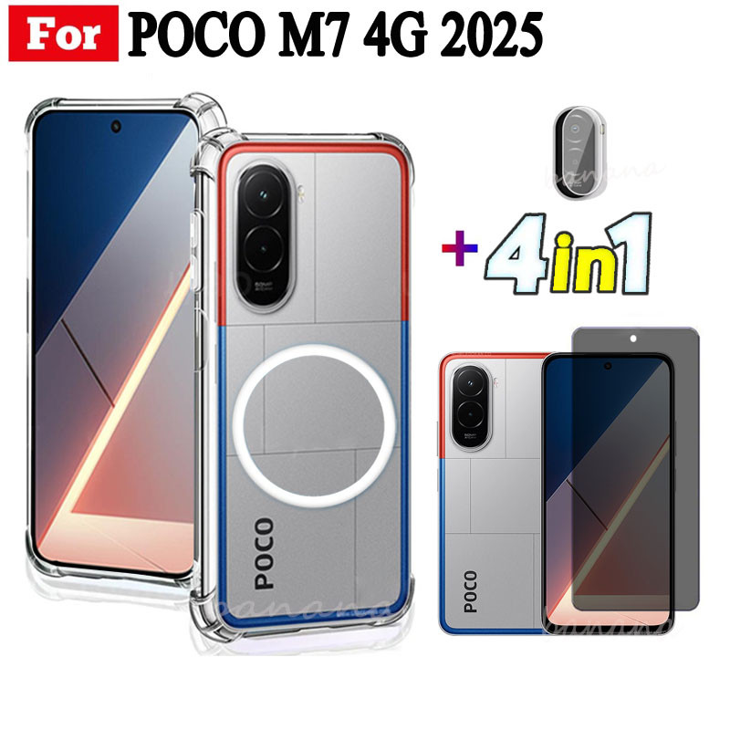 Ốp điện thoại chống sốc TPU trong suốt Xiaomi Poco M7 4G có thanh sạc không dây từ tính cho Poco C85 C75 Kính cường lực bảo mật chống gián điệp + Phim ống kính