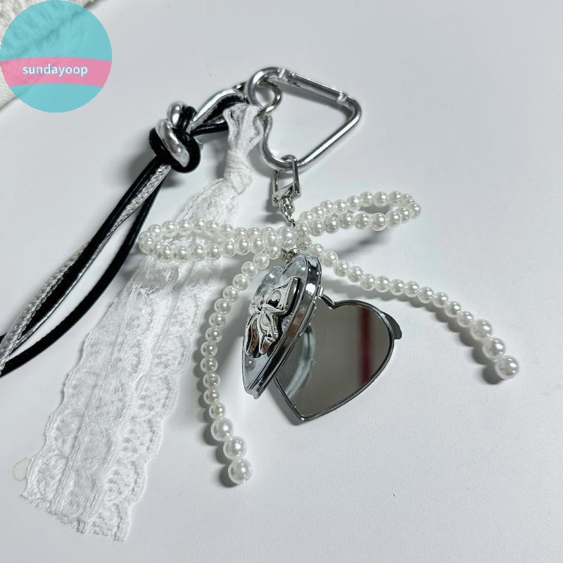 SUND Y2K Ngọc Trai Thời Trang Nơ Bạc Trái Tim Gương Móc Khóa Mặt Dây Chuyền Thời Trang Tinh Tế Nữ Tính Móc Khóa Túi Quyến Rũ Cho Bé Gái Quà Tặng VN
