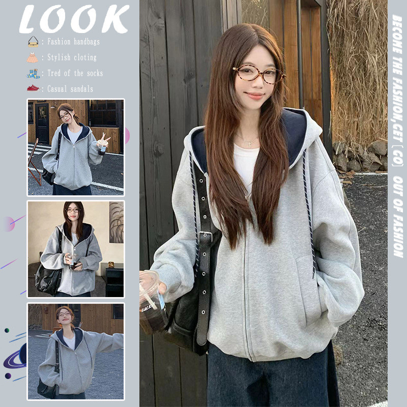 【Hot Trend】Áo Hoodie Nữ Màu Xám Phong Cách Hàn Quốc Có Mũ Trùm Khóa Kéo Thu Đông