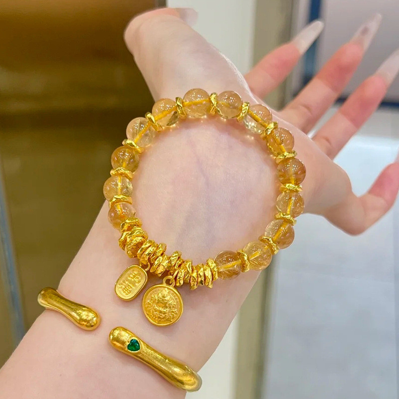 Fortune God Cuộn Giả Vàng Rutilated Vòng Tay Thạch Anh Mới Ins Thiết Kế Sự Giàu Có Thu Hút Vòng Tay Pha Lê May Mắn