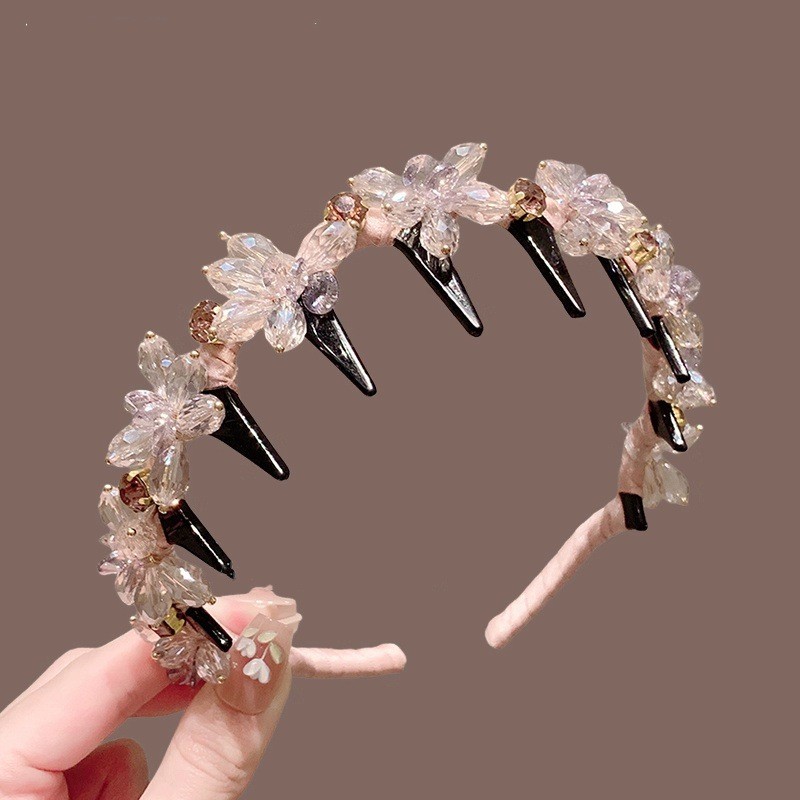 Băng đô pha lê màu hồng, thiết kế chống trượt với kẹp tóc kim cương - Phụ kiện tóc thời trang
