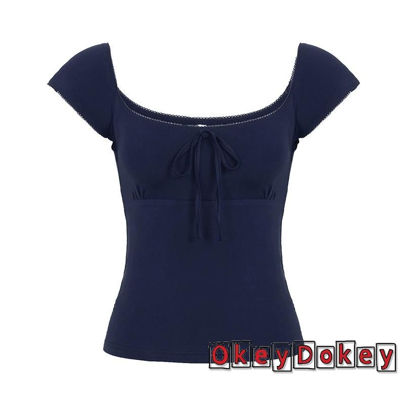 Áo crop top nữ tay ngắn, cổ chữ U với ren và nơ cà vạt - Phù hợp dự tiệc
