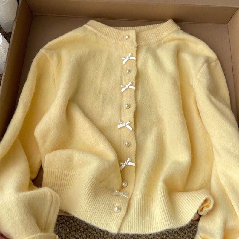 (HÀNG QC LOẠI 1) Áo khoác Cardigan len vàng pastel phối cúc nơ hàng QCCC phong cách thu đông XIMIMI SP383