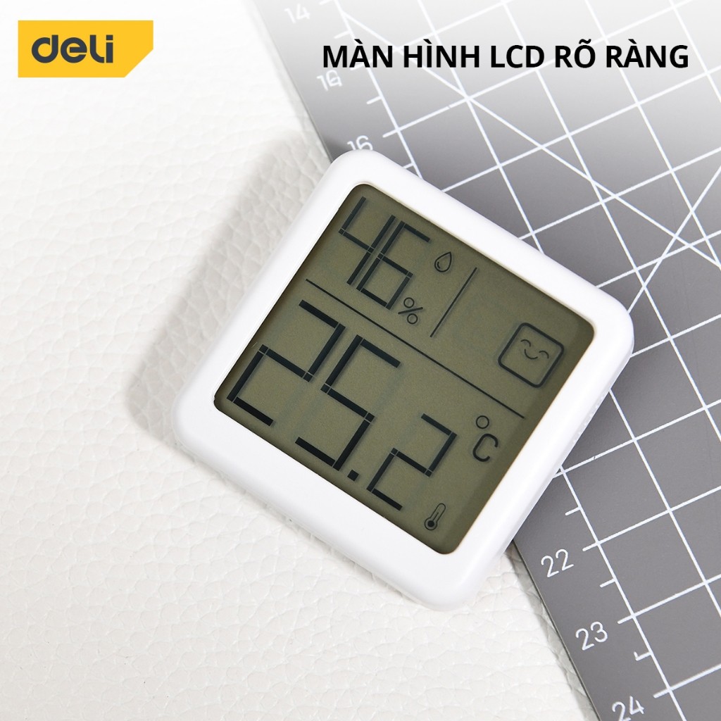 Nhiệt ẩm kế điện tử Deli - Đo nhiệt độ độ ẩm nhỏ gọn xinh xắn có biểu tượng cảm xúc