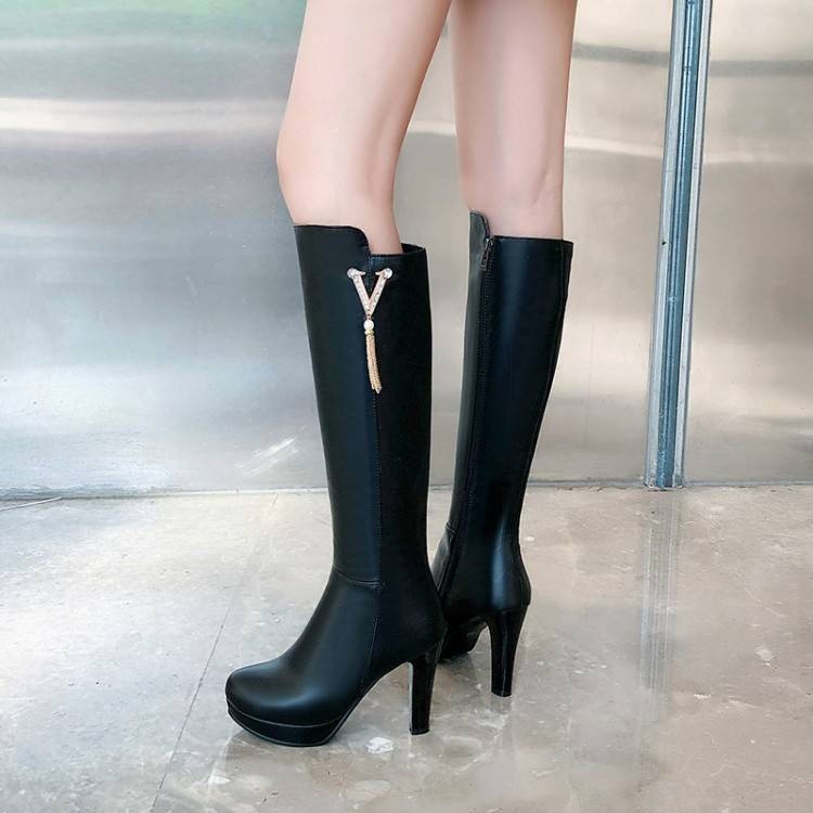 TMLH32-43 Kích Thước Lớn Kích Thước Nhỏ Ngón Chân Tròn Stiletto Cao Gót Thời Trang Phong Cách Đơn Giản Giày Bốt Dài Ngược Dây Kim Loại Hàng Ngày Tua Rua Bên Dây Kéo Giày Bốt