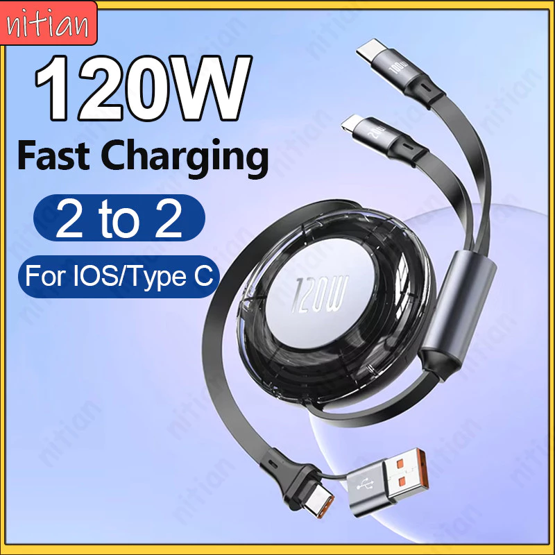 Cáp dữ liệu có thể thu vào 2 đến 2 120W USB Type C sang Type C / IOS Cáp lưu trữ bằng kính thiên văn sạc nhanh 4 trong 1 Điện thoại ô tô Dây sạc nhanh Dây sạc truyền dữ liệu cho lo