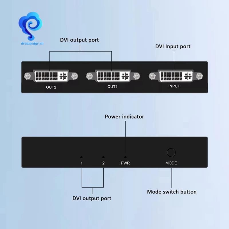 [dreamedge] Bộ chia DVI 1X2 Bộ chuyển đổi mở rộng công tắc 1 đầu vào DVI-D và 2 đầu ra DVI-D Màn hình kép để hiển thị máy tính