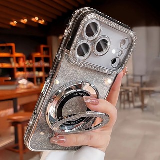 Mạ sang trọng trong suốt cho giá đỡ từ tính Vỏ bột lấp lánh cho iPhone 17 12 13 14 Pro Max 16 15 Plus