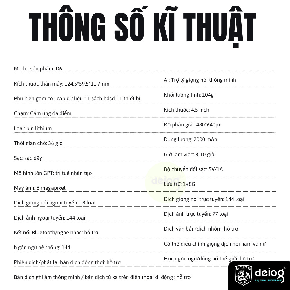 Máy Phiên Dịch D6 Thông Minh  – Phiên Dịch Đa Ngôn Ngữ, Hỗ Trợ 142 Ngôn Ngữ Online / Offline