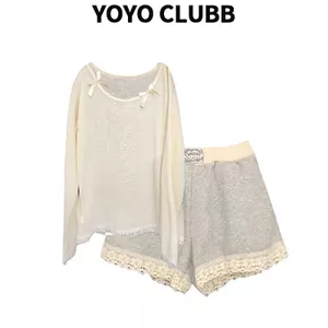 Mùa Xuân Mùa Hè Một Trọn Bộ Nữ Phong Cách Nhẹ Nhàng Nơ Ren Khâu Mỏng Phong Cách Dài Tay T Quần Short Màu Xám Thường Ngày