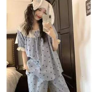 Quần Dài Ngắn Tay Mùa Hè Bộ Đồ Ngủ Hai Chiếc Cho Nữ Bộ Đồ Mặc Nhà Ren Bông Mây Mùa Hè Mẫu Mới Năm 2025