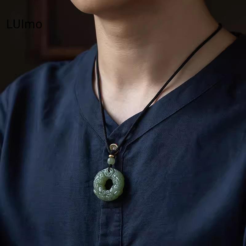 LUImo Tinh Tế Hai Mặt Khắc Ngọc An Toàn Bule Quân Dũng Cảm Móc Khóa Chuyển Đổi Sự Giàu Có Thủ Công Retro Khắc Mặt Dây Chuyền Nelace SBS