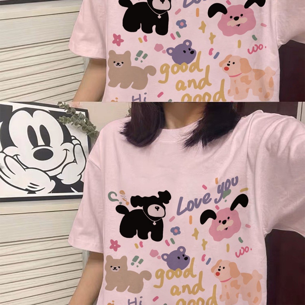 （Giao hàng 24h）Angela Áo phông nữ màu hồng cute dog ashion  áo thun nữ tay lỡ ngắn cổ tròn 100% cotton Y0350