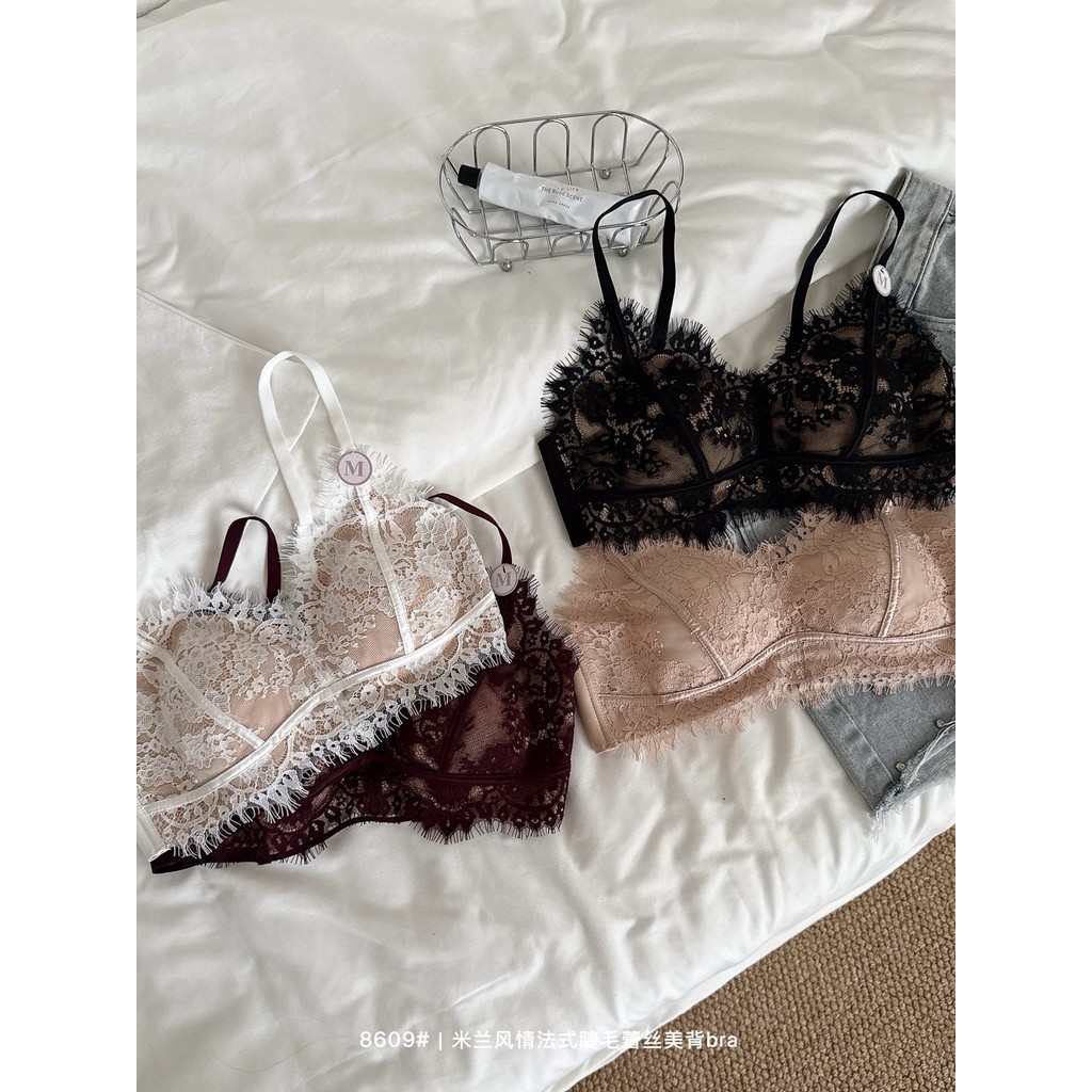 Quần lót lưng đẹp ren lông mi kiểu Pháp dành cho nữ | Áo ngực cúp cố định không dây Hot Girl Phong cách Push-Up Gợi cảm Sling Mỏng Thoải mái