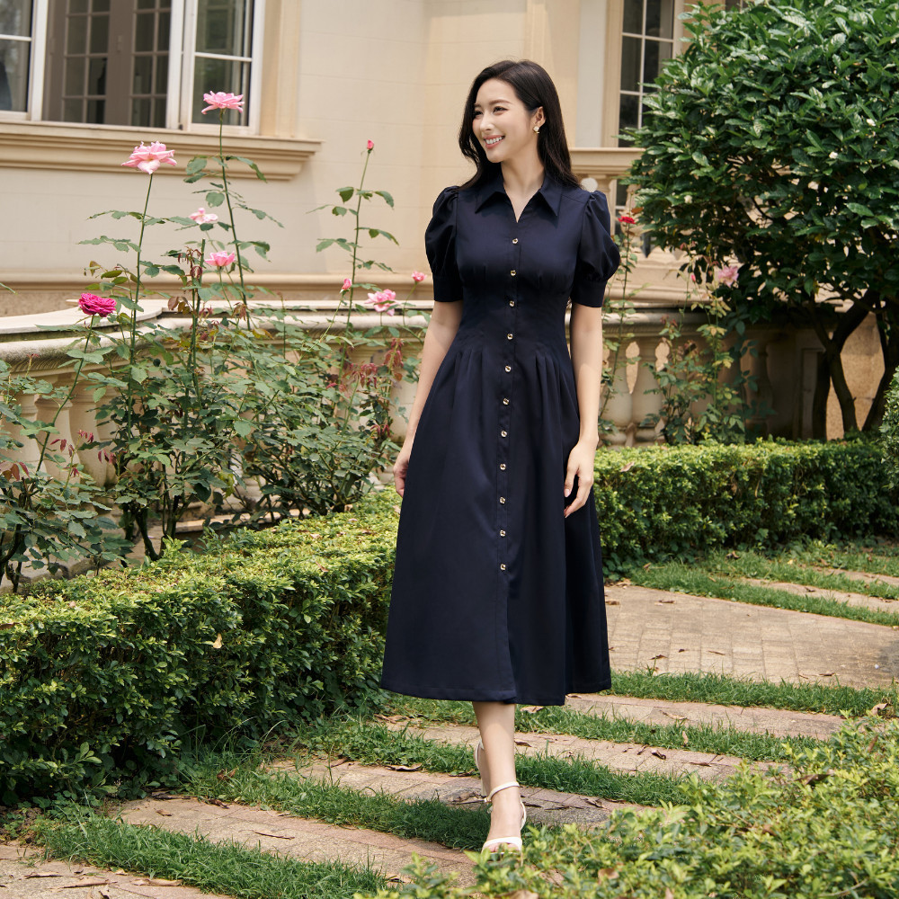 Đầm công sở nữ ELLA DORA thiết kế cổ sơ mi dáng dài trẻ trung hiện đại màu XANH NAVY [D230]
