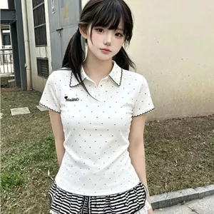 Pure Desire Áo sơ mi polo thêu phong cách Hàn Quốc Slim-fit Áo thun ngắn tay vai trang trọng Top Women