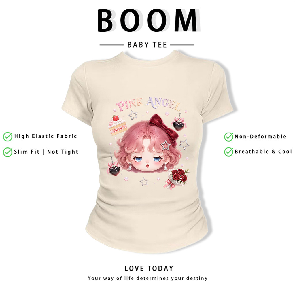 BOOM Áo Baby Tee Nữ Cotton Ôm Body-Áo Thun Ngắn Tay Y2K In Hình PhongCách Mùa Hè, Cổ Tròn Hàng Đầucách hàn quốc phong340