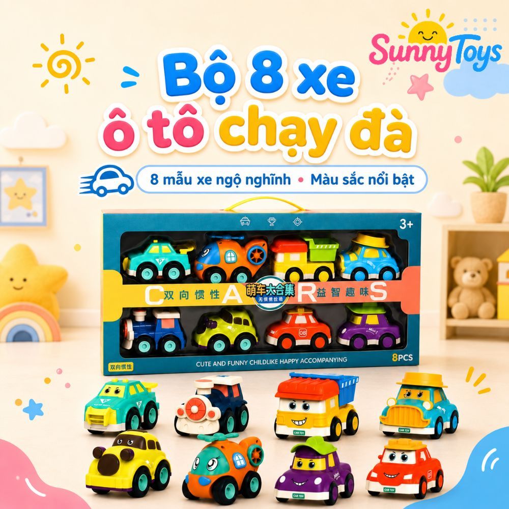 Set 8 Xe Cảnh Sát Quán Tính Không Dùng Pin SunnyToys - Bộ Ô Tô Mini Hoạt Hình Cho Bé Chơi Vui