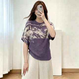 Issey Miyake Họa Tiết Mực Tranh Xếp Ly Áo Thun Nữ Phong Cách Hàn Quốc Rời Cổ Tròn Áo Chui Đầu Tay Ngắn Mùa Hè