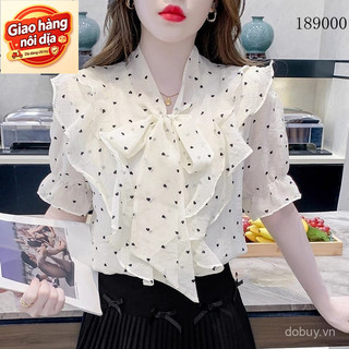 Giao hàng nội địa từ Việt Nam Pháp Nơ Xù Chấm Bi Áo Sơ Mi Nữ Mùa Hè Rời Tay Ngắn Voan Áo Thiết Kế Thời Trang Hàng Đầu