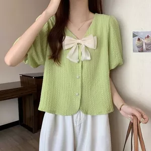Áo Sơ Mi Cổ Chữ V Nữ Pháp Công Nghiệp Nặng Nơ Phong Cách Ngắn Tính Khí Thời Trang Tay Ngắn Top 6.23