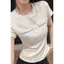 Thiết kế nơ rỗng Áo thun ngắn tay Cotton mịn dành cho nữ Mùa hè Phong cách mới Phù hợp với cổ tròn viền ren mỏng