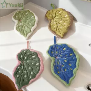 Khăn tay YUUKII, Khăn tay nhà bếp nhung san hô thấm nước, Treo chất lượng cao Lá hoạt hình Khăn lau tay dày nhà bếp
