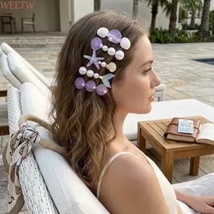 WEETW 5 Cái / bộ Kẹp Tóc Theo Chủ Đề Đại Dương, Bộ Kẹp Mỏ Vịt Hợp Kim Sao Biển, Ngọc Trai Thời Trang Trang Trang Trí Lông Vỏ Chân Tóc