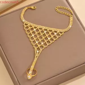 Phụ kiện khiêu vũ dân tộc CODECOVED Tua Rua, Vòng tay ngón tay vàng nhiều lớp bằng kim cương giả, Dây chuyền tay có thể điều chỉnh Retro Đơn giản Lễ hội mặt dây chuyền hình học rỗng