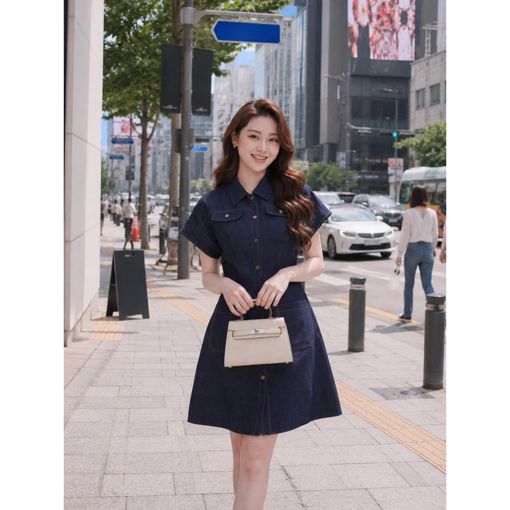 Đầm Denim nữ ELLA DORA thiết kế cúc đồng phối nắp túi form dáng ngắn thanh lịch màu XANH ĐẬM [D308]