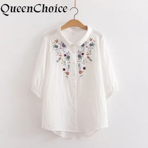 Nữ Cotton Trắng Thêu Hoa Nửa Tay Áo Nữ Cổ Ngọt Ngào Làm Việc Top Áo Sơ Mi