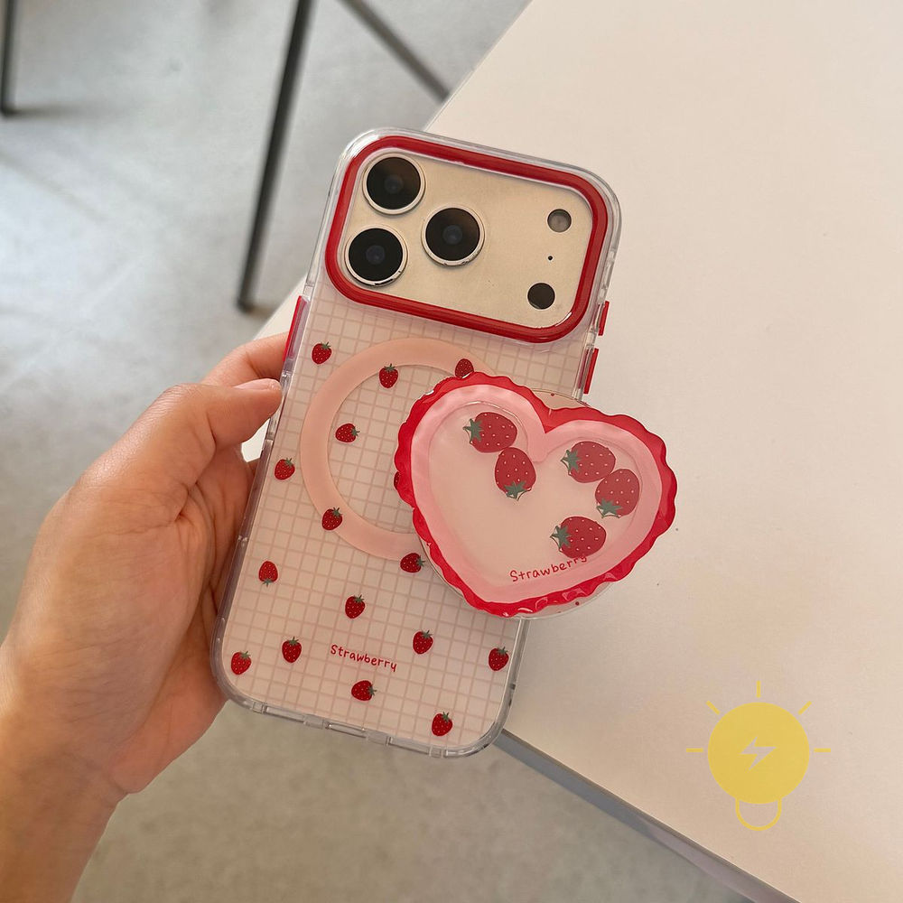 Phone Case For iPhone 17 Pro Max 16 15 14 13 TPU Magnetic Grid Strawberry Aesthetic Korean Cute