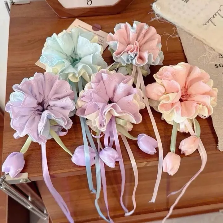 Dây Cài Tóc Bông Hoa Tulip Pastel Dễ Thương Phù Hợp Cho Trẻ Em & Người Lớn - Ruy Băng Ren Trang Trí Tóc