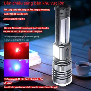 Đèn pin zoom siêu sáng 4 màu, chống nước, có thể dùng làm nguồn điện di động, sạc qua cổng USB và năng lượng mặt trời.