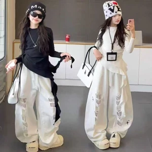 Quần áo bé gái Áo thun không đều mùa thu + Quần ống rộng rách Bộ đồ hai mảnh 5-14 tuổi
