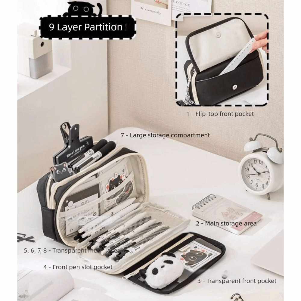 Bút Chì HIGHVIEWLS, Túi Đựng Bút Dung Tích Lớn PVC + Canvas, Túi Văn Phòng Phẩm Trong Suốt Di Động Sáu Lớp Chất Lượng Cao Quà Tặng Học Sinh