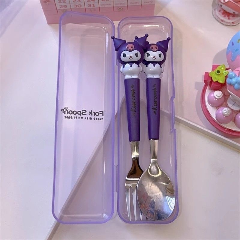 Set 2 Thìa Nĩa Bằng Thép Không Gỉ HĐáng Yêu - Hộp Thìa Ăn Cá Nhân Trẻ Em -tranh