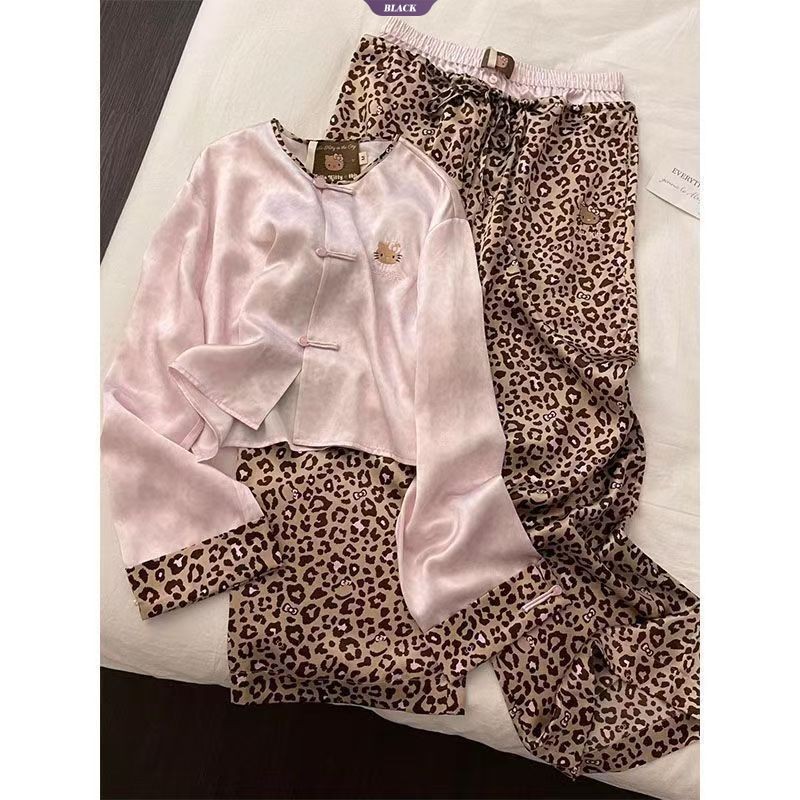 Bộ đồ ngủ Hello Kitty nữ, quần áo dài tay họa tiết da báo đáng yêu